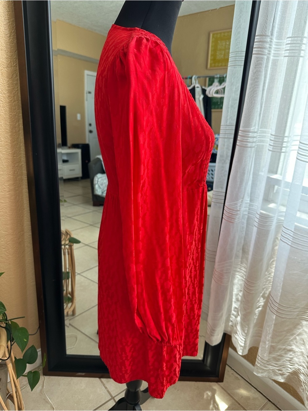 Maje Red Jacquard Smocked Mini Dress Long Sleeve Size 1 - Picture 3 of 16